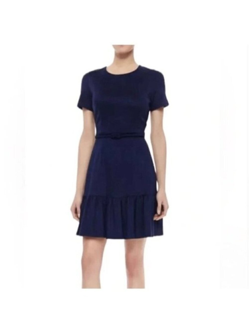 Shoshanna Navy Short Sleeve Ruffle hem belted sheath Dress, Size 6 O40